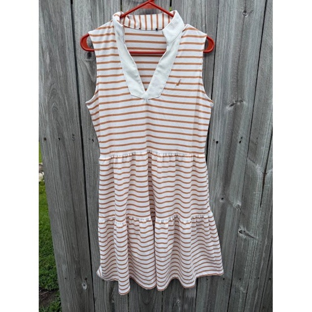 Nautical Preppy Coastal Nautica Sleeveless Tiered Dress M Orange White Striped
